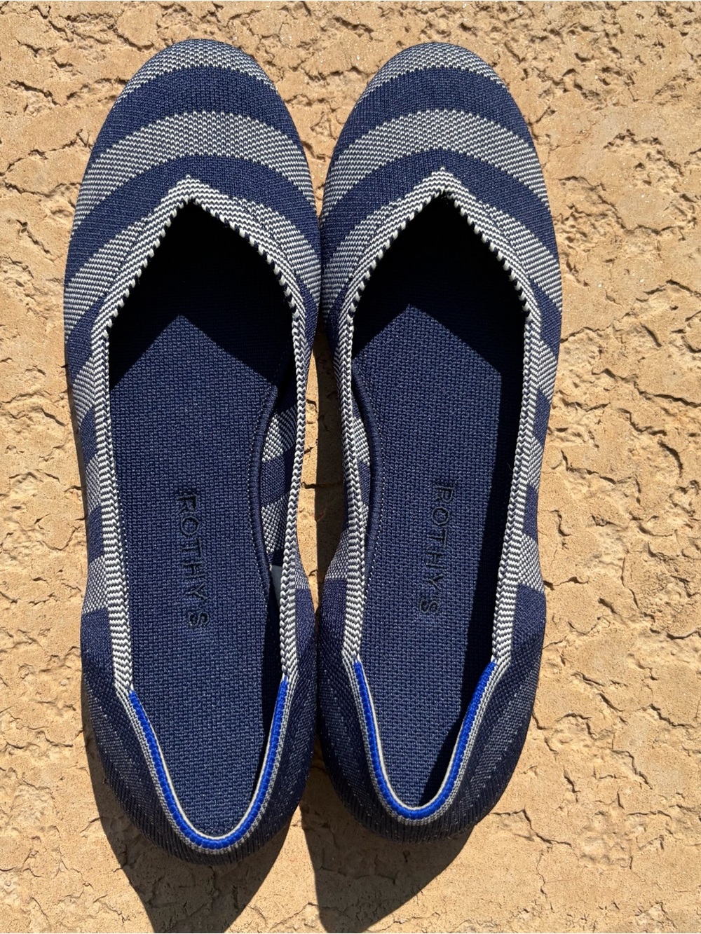 Rothy’s Round Toe Blue Big Stripe Riviera size 10.5